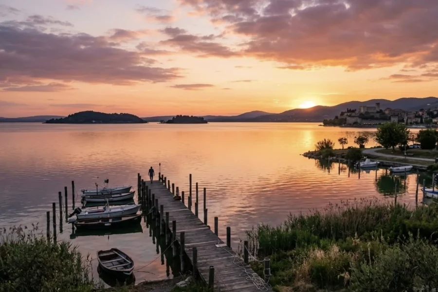 foto di un pontile del lago trasimeno al tramonto